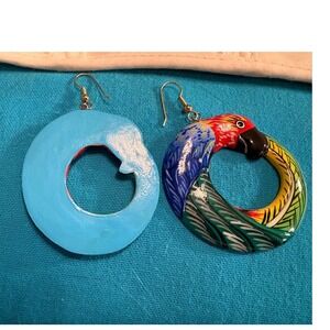 Hand Painted Parrot Hoop Earrings Multicolor Tropical Macaw Bird Boho Statement